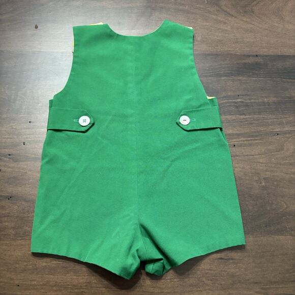 Vtg 70s Shortalls 6-9 Months Romper Green Yellow Appliqué USA Handmade Buttons - Picture 6 of 8